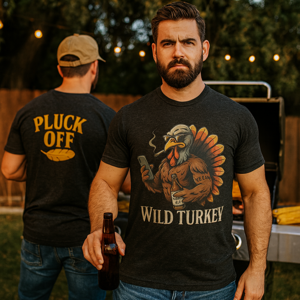 Funny Thanksgiving Turkey Shirt: Beer, Cigar, Gym - Wild Bird Distillery | Two-Sided Thanksgiving Tee
