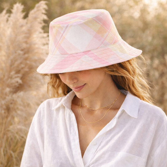 Reversible Daisy & Pastel Plaid Bucket Hat – Cute Floral & Soft Check Sun Hat | Cottagecore Summer Hat for Women