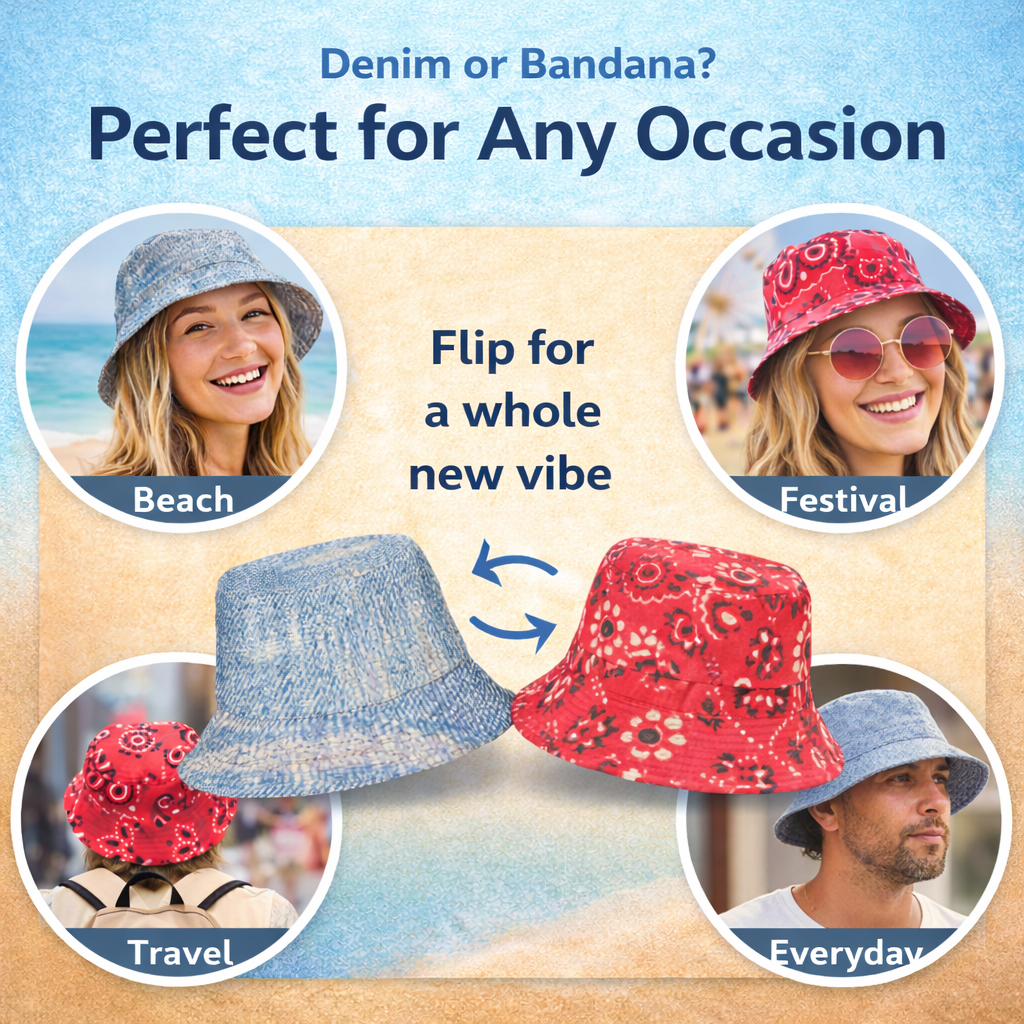 Reversible Denim Red Bandana Bucket Hat