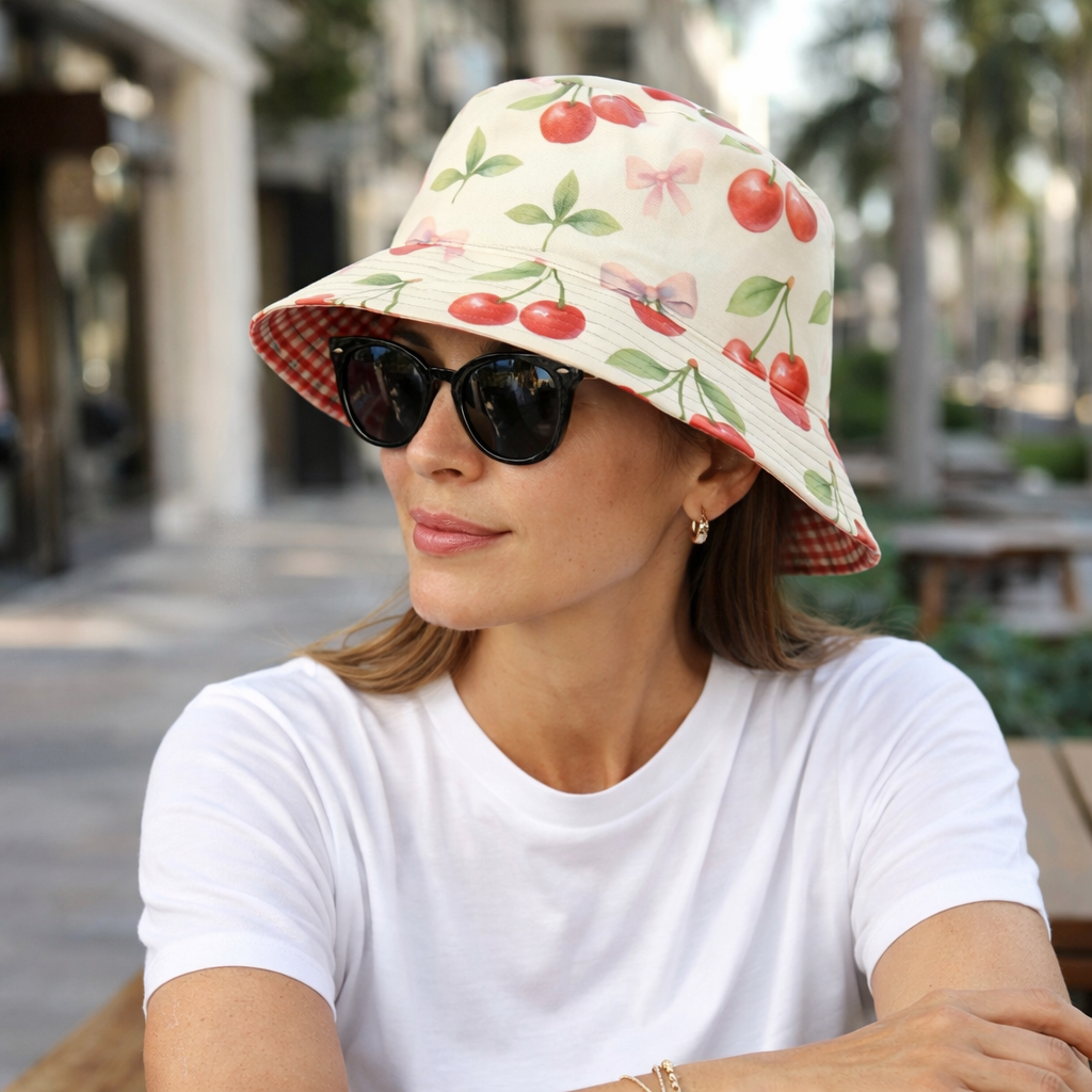 Reversible Cherry Bow Red Gingham Bucket Hat