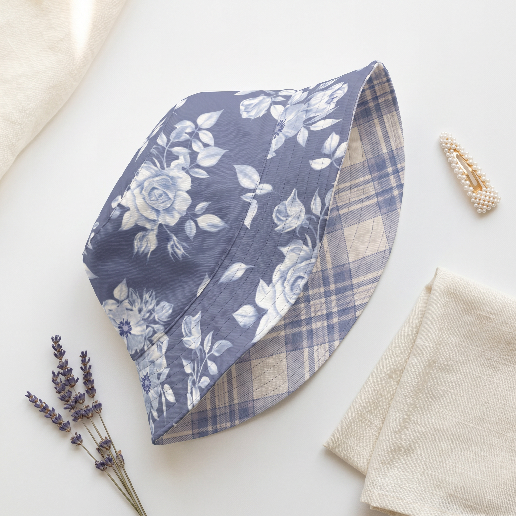 Reversible Blue Floral Plaid Bucket Hat