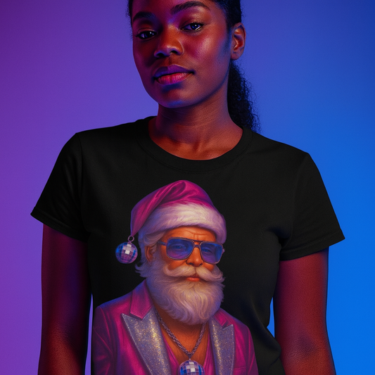 Retro Disco Santa T-Shirt – Pink Chrome Christmas Tee