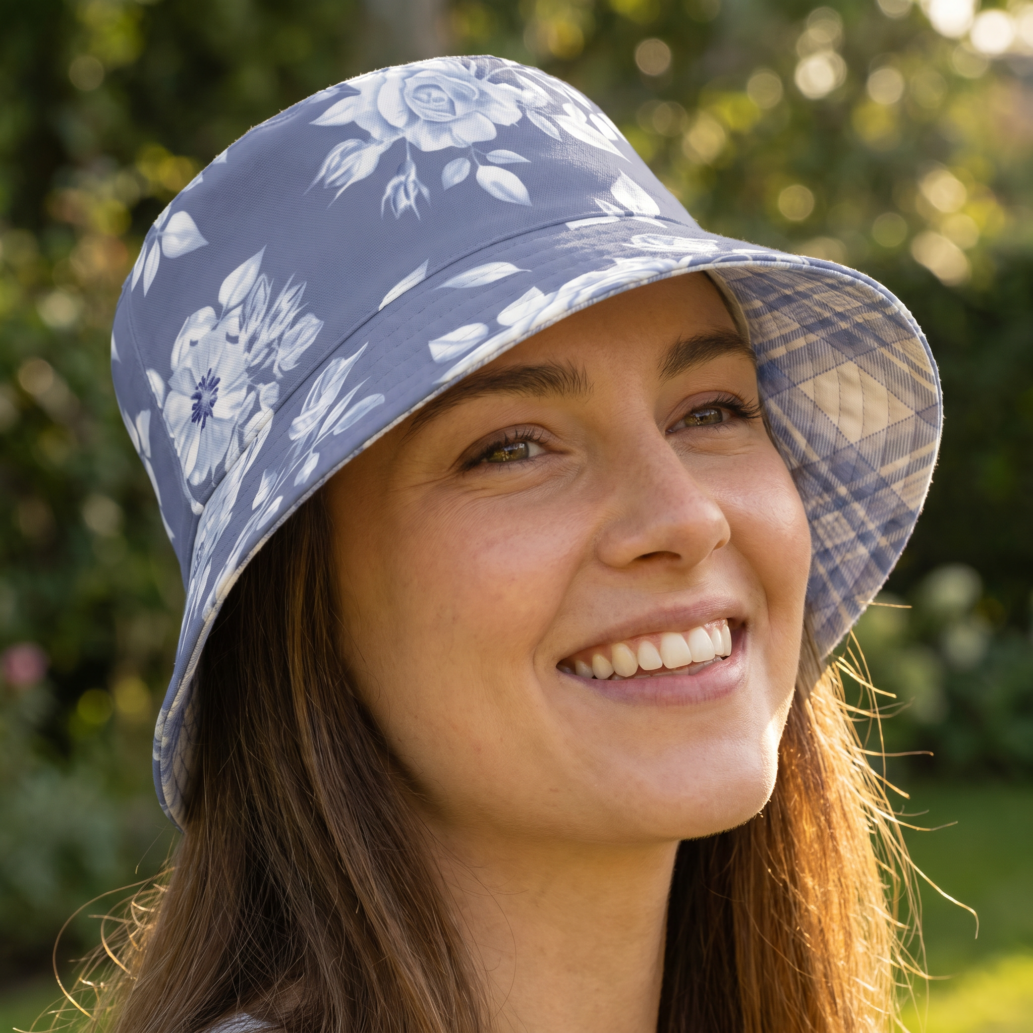 Reversible Blue Floral Plaid Bucket Hat