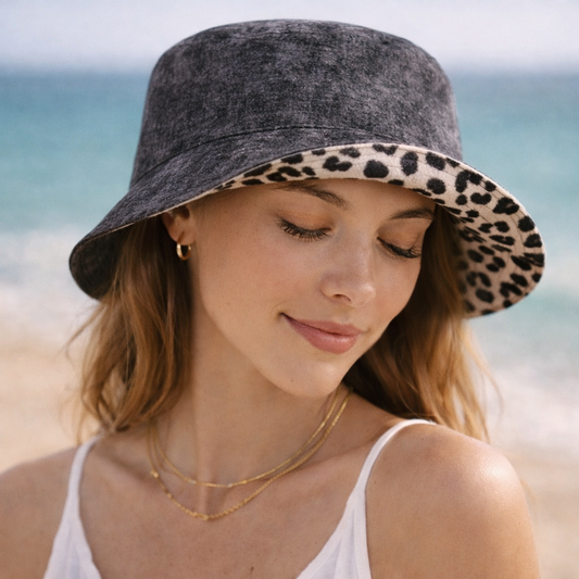 Reversible Charcoal & Leopard Bucket Hat – Washed Gray & Animal Print Sun Hat | Chic Everyday & Travel Hat for Women