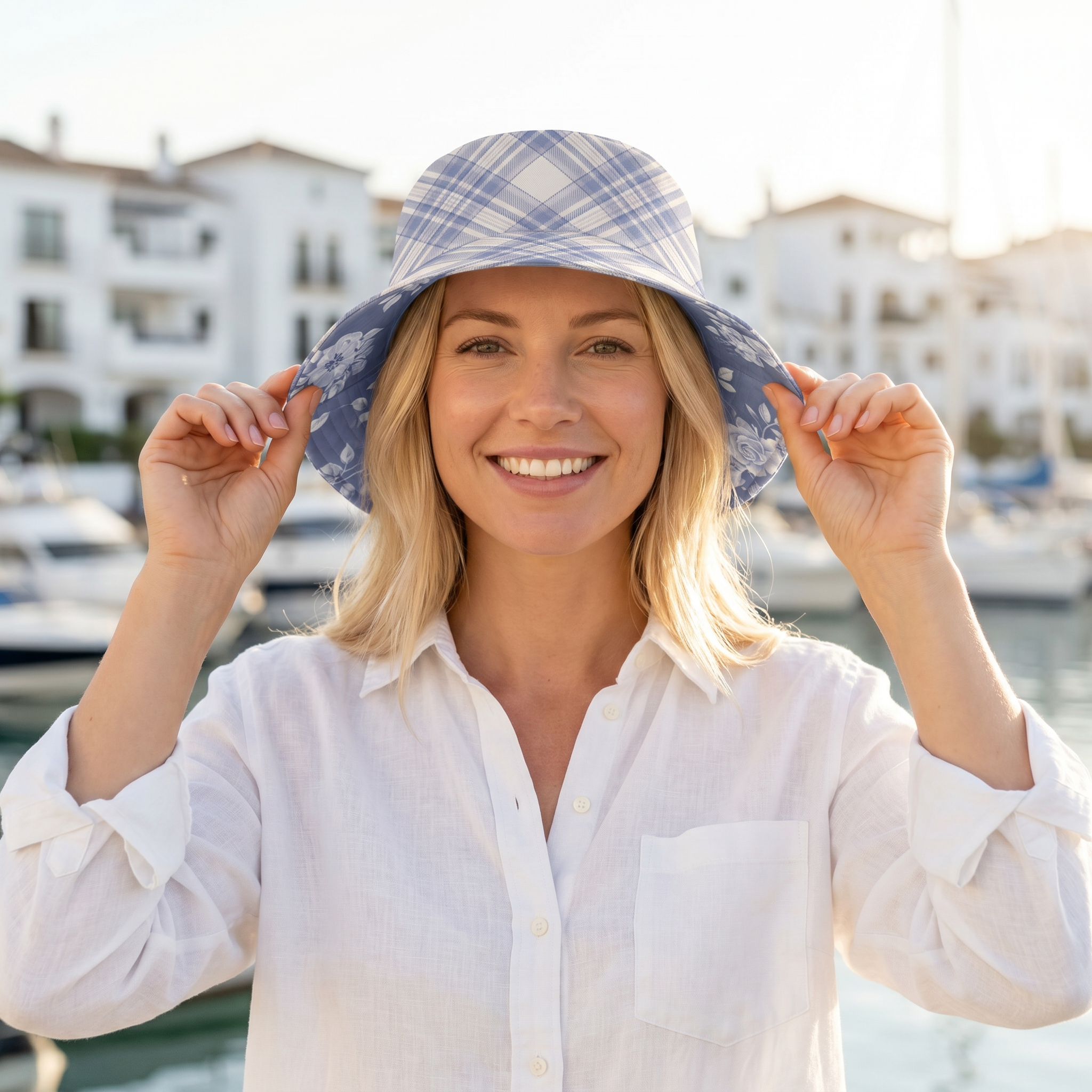 Reversible Blue Floral Plaid Bucket Hat