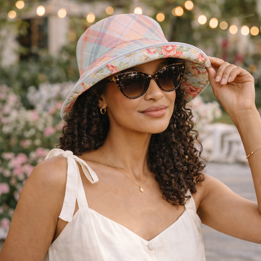 Reversible Pastel Plaid & Floral Bucket Hat – Vintage Rose Print & Soft Check Sun Hat | Feminine Summer & Travel Hat for Women