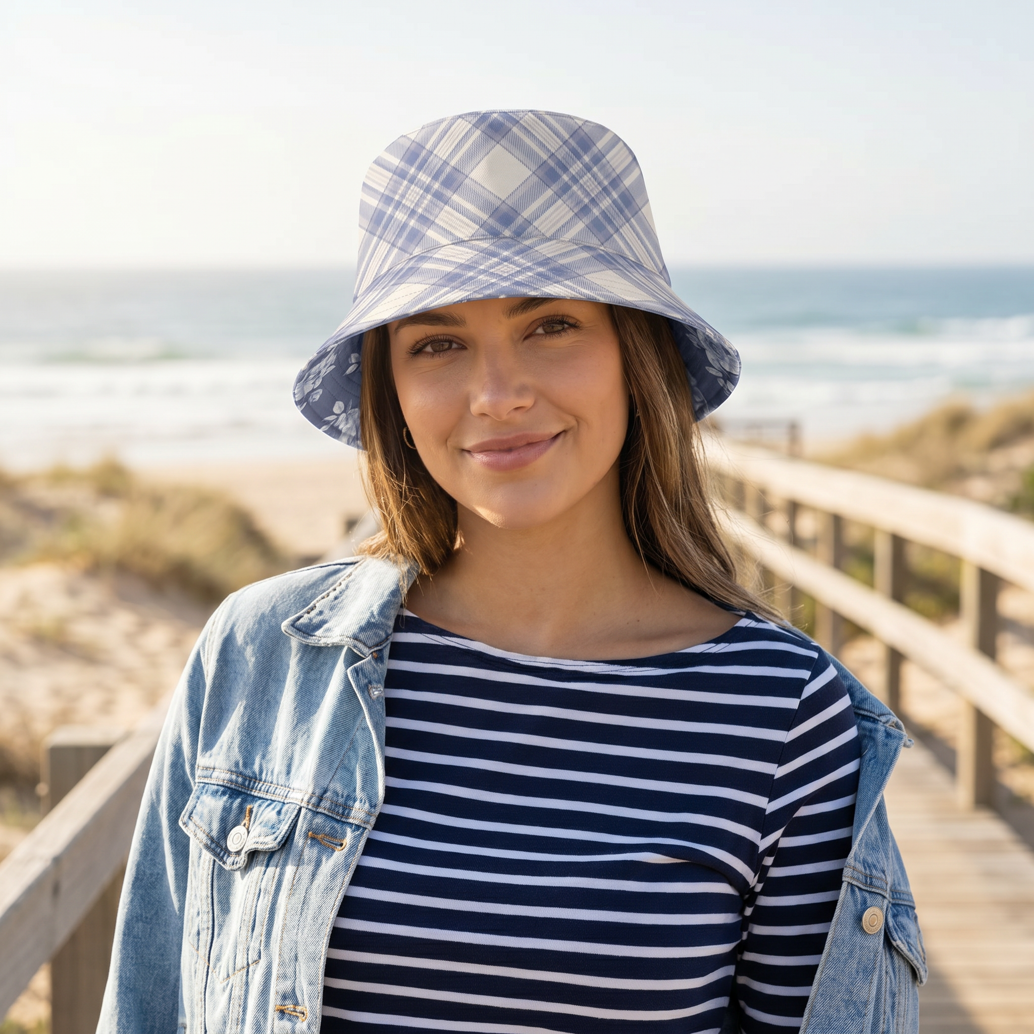 Reversible Blue Floral Plaid Bucket Hat