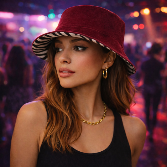 Reversible Zebra Print & Burgundy Bucket Hat – Bold Animal Print & Deep Red Sun Hat | Chic Day to Night Fashion Hat for Women
