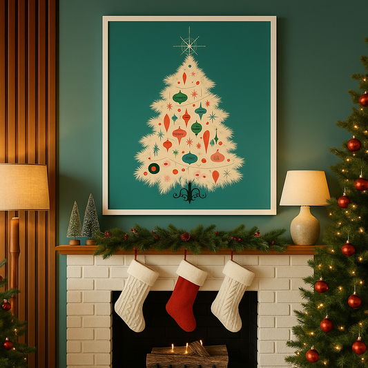 Mid-Century Christmas Tree Framed Wall Art – Retro Holiday Print (Ready to Hang · 8x10 · 16x20 · 24x36)