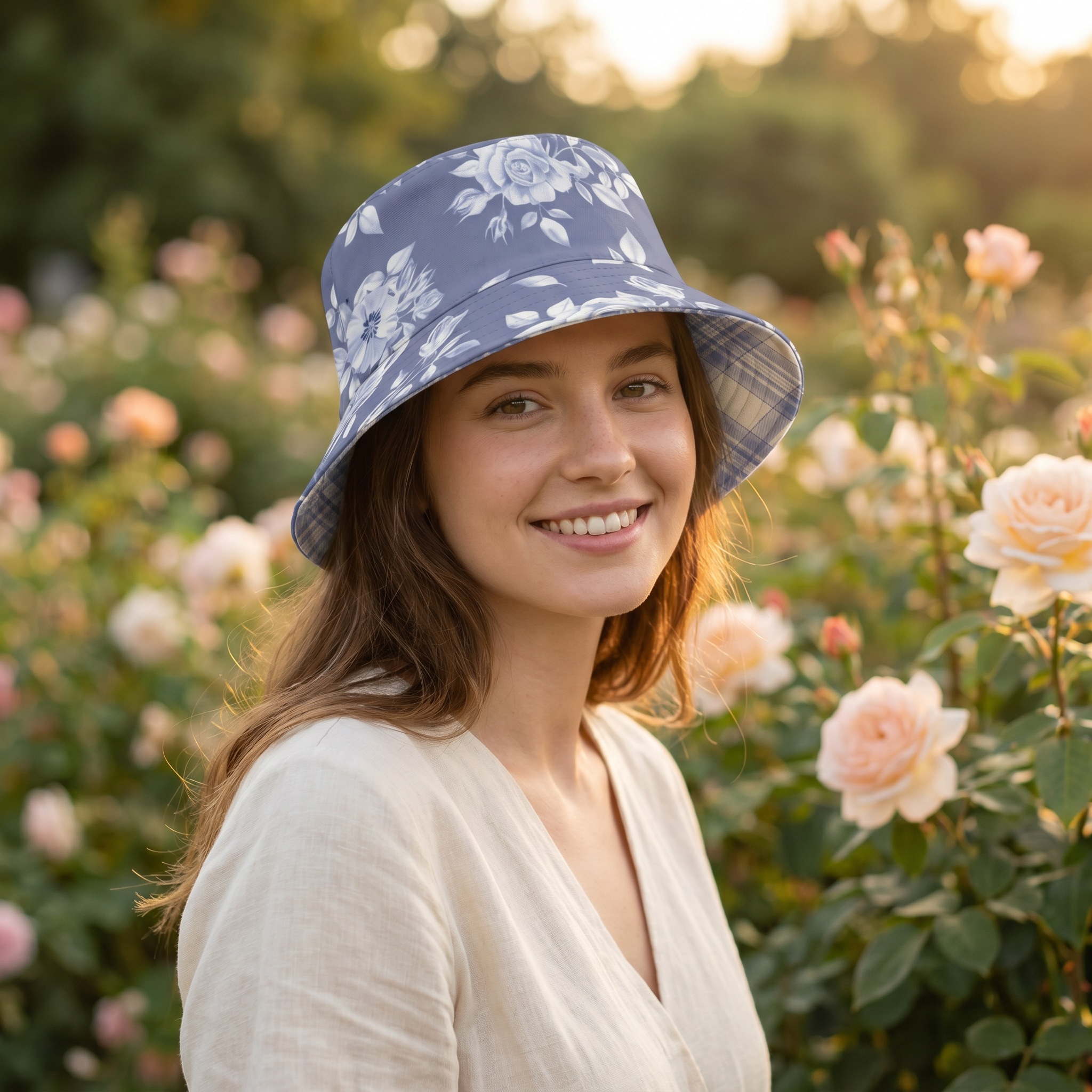 Reversible Blue Floral Plaid Bucket Hat