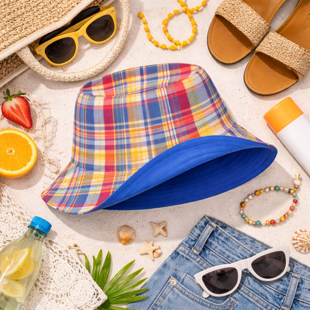 Reversible Colorful Plaid Blue Bucket Hat