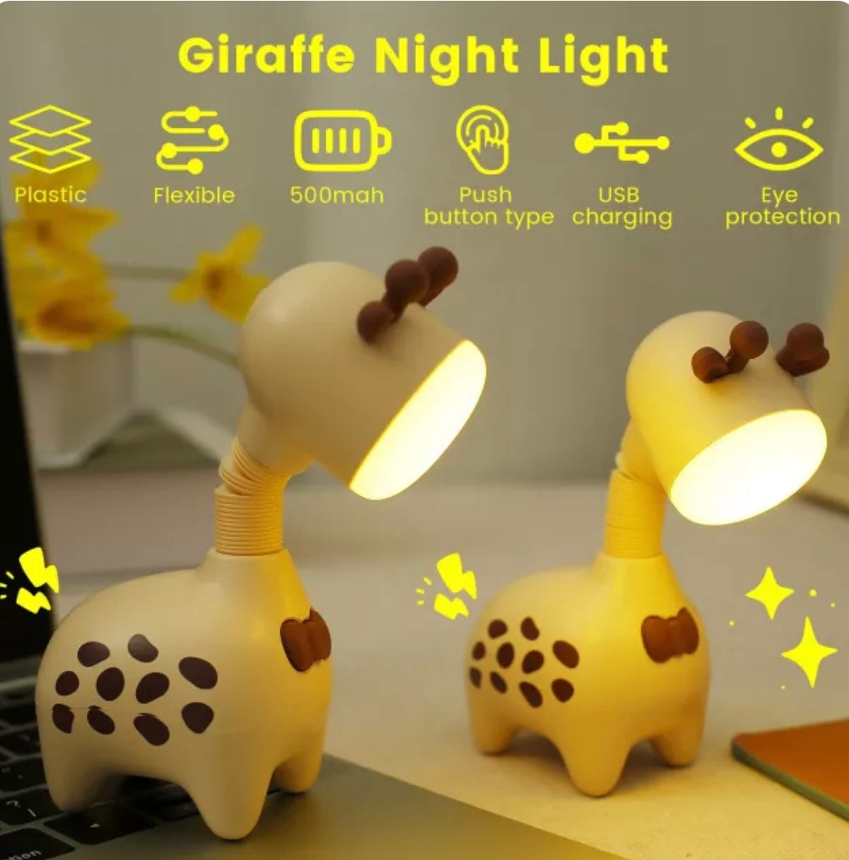 Giraffe-shaped rechargeable LED night light in pink, green, and beige with telescopic neck design
