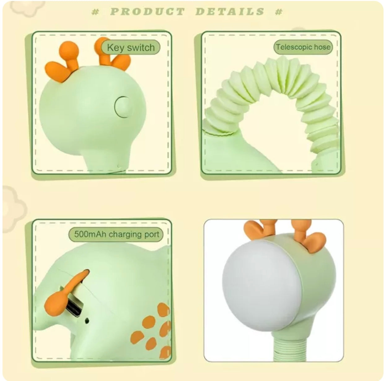 Giraffe-shaped rechargeable LED night light in pink, green, and beige with telescopic neck design