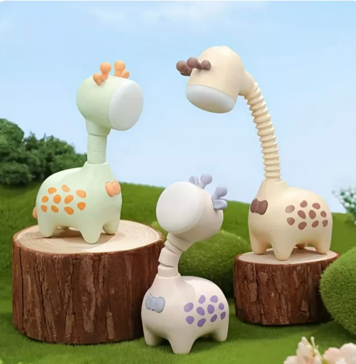 Giraffe-shaped rechargeable LED night light in pink, green, and beige with telescopic neck design