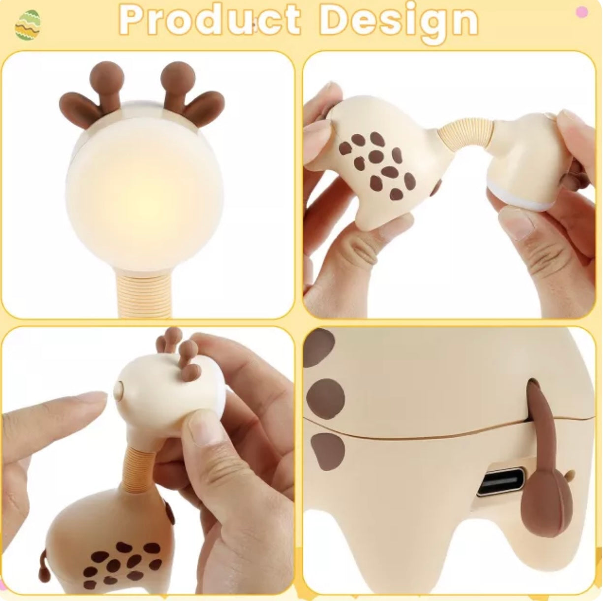 Giraffe-shaped rechargeable LED night light in pink, green, and beige with telescopic neck design