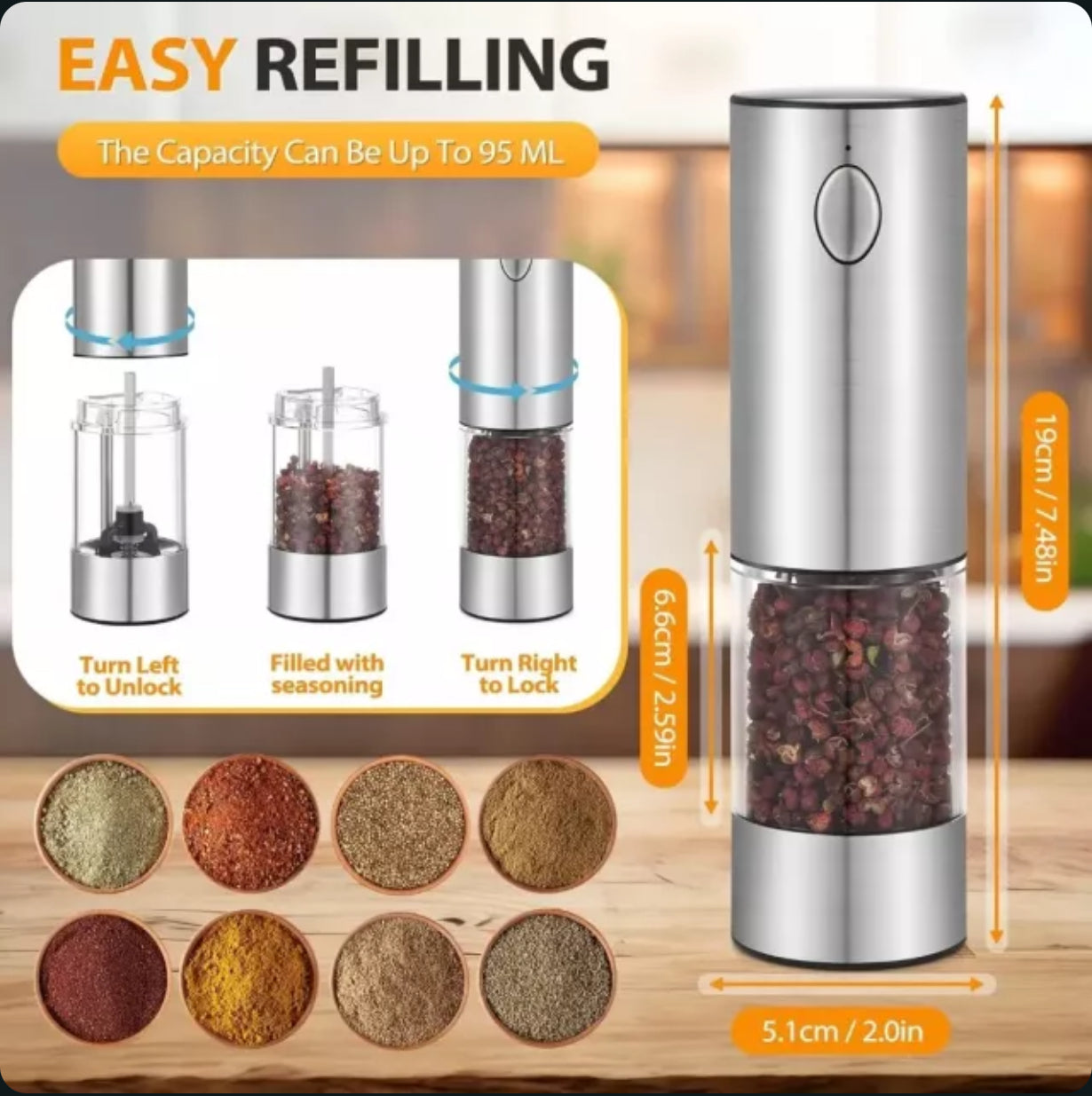 USB Electric Salt & Pepper Grinder Set – Rechargeable with LED Light