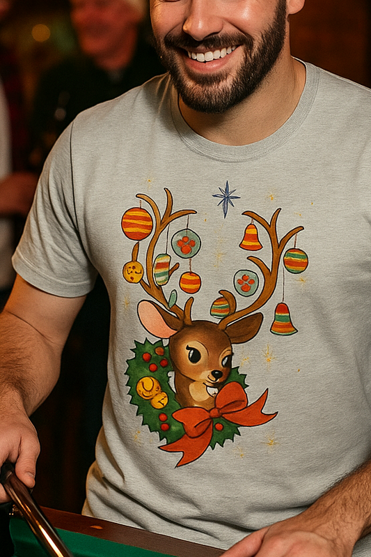 Vintage Retro Christmas Reindeer T-Shirt, Mid Century Holiday Deer, Cute Kitsch Xmas Tee, Ornament Antlers,