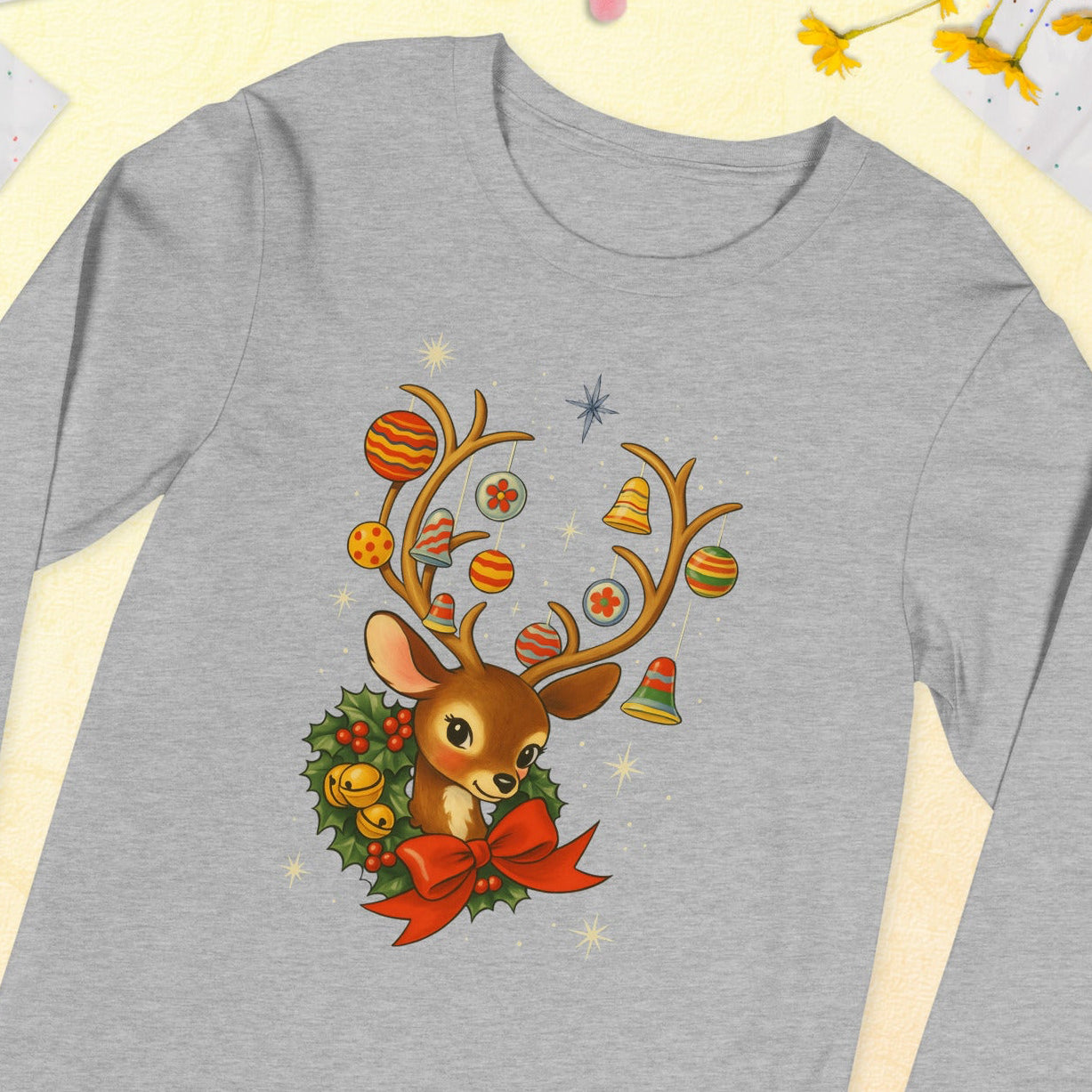 Vintage Retro Christmas Reindeer Long Sleeve Shirt, Mid Century Holiday Deer, Cute Kitsch Xmas Top, Ornament Antlers, Christmas Gift for Her