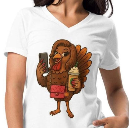 Selfie Turkey Thanksgiving V-Neck T-Shirt: Funny Fall Tee