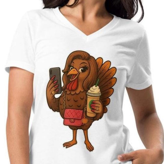 Selfie Turkey Thanksgiving V-Neck T-Shirt: Funny Fall Tee