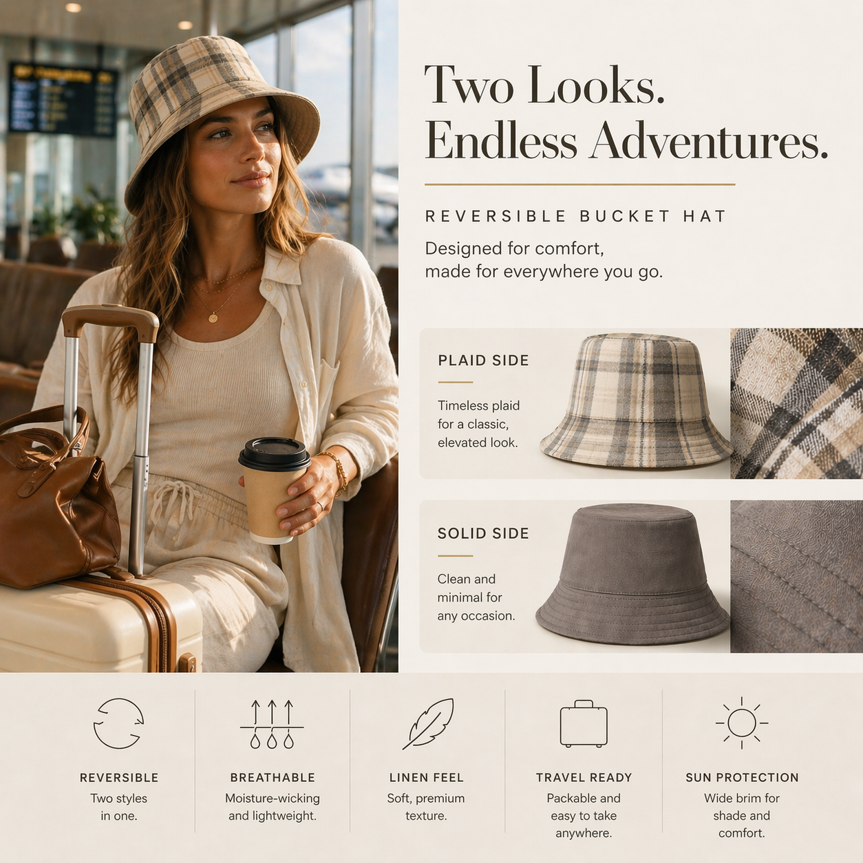 Reversible Neutral Plaid Bucket Hat