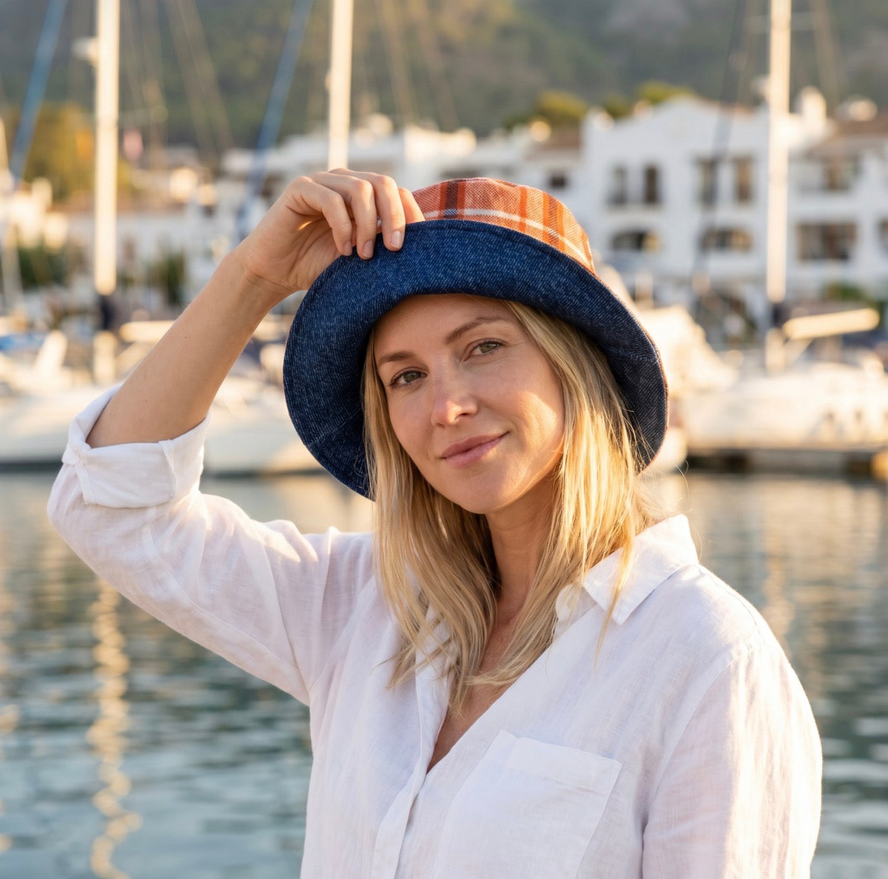 Reversible Denim Orange Plaid Bucket Hat