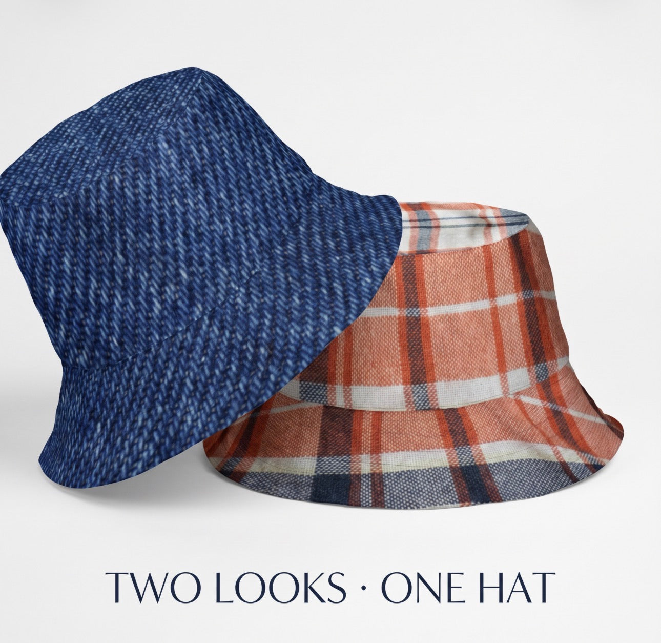 Reversible Denim Orange Plaid Bucket Hat