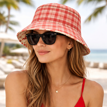 Reversible Cherry Bow Red Gingham Bucket Hat