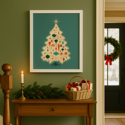Mid-Century Christmas Tree Framed Wall Art – Retro Holiday Print (Ready to Hang · 8x10 · 16x20 · 24x36)