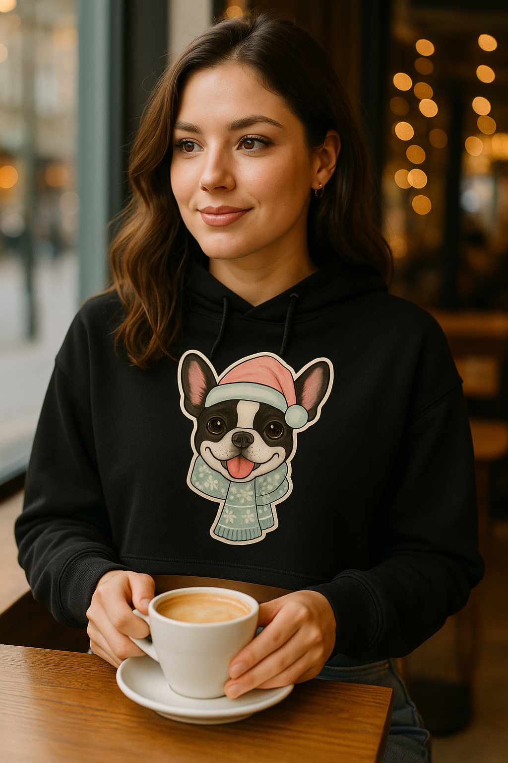 French Bulldog Christmas Cropped Hoodie | Cute Pastel Holiday Dog Hoodie | Cozy Winter Cropped Sweater for Dog Moms & Frenchie Lovers