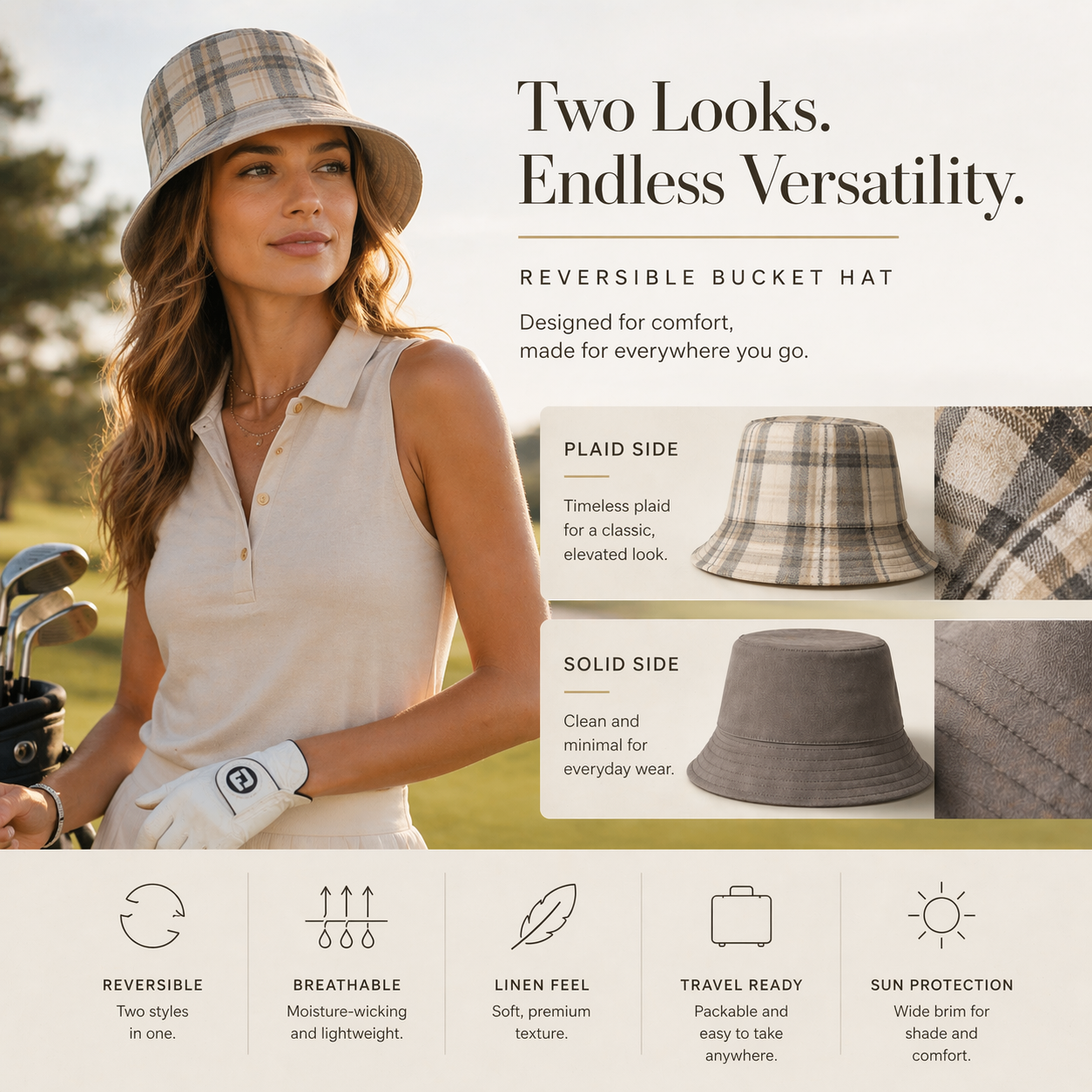 Reversible Neutral Plaid Bucket Hat