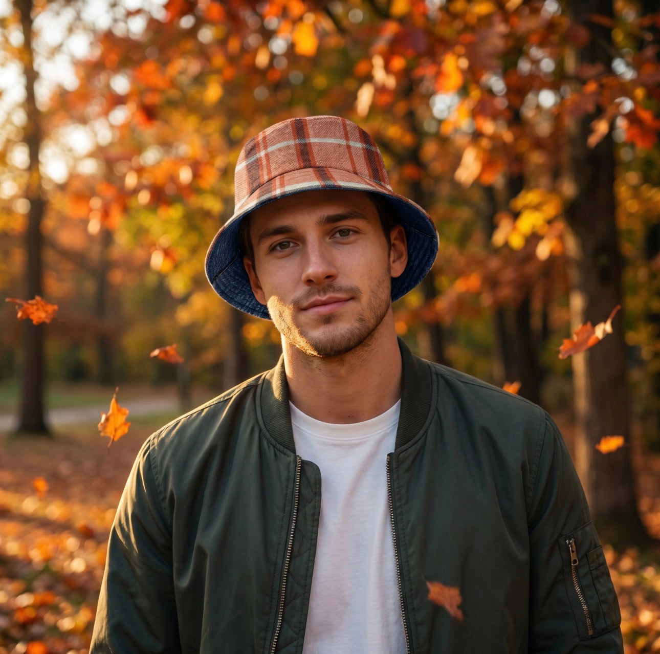 Reversible Denim Orange Plaid Bucket Hat