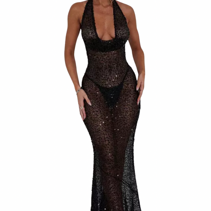 Sparkle Backless Halter Maxi Dress – Deep V Neck Evening Gown
