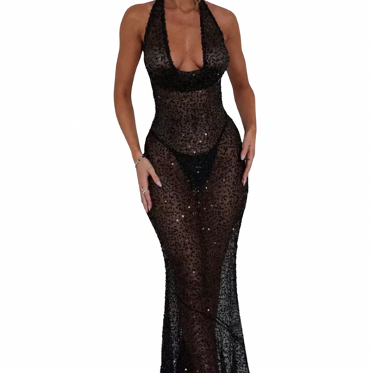 Sparkle Backless Halter Maxi Dress – Deep V Neck Evening Gown