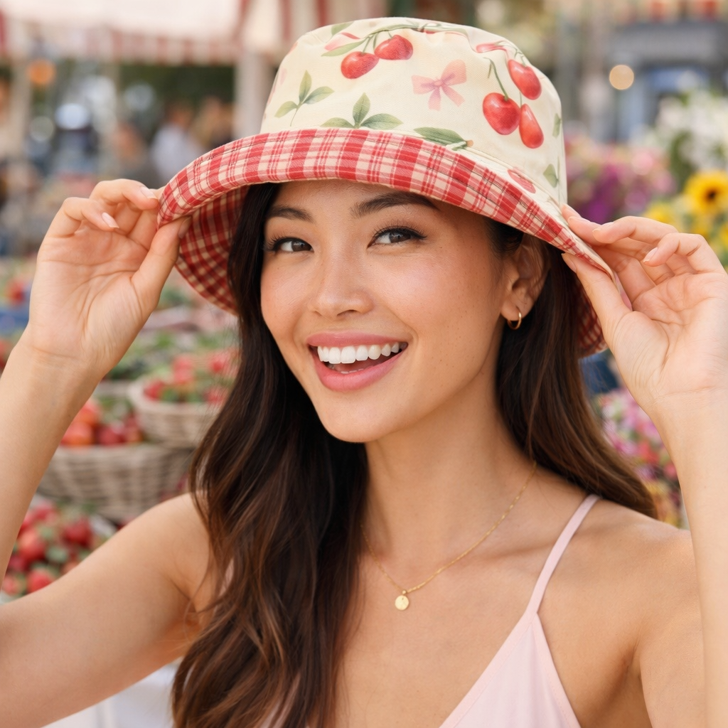 Reversible Cherry Bow Red Gingham Bucket Hat