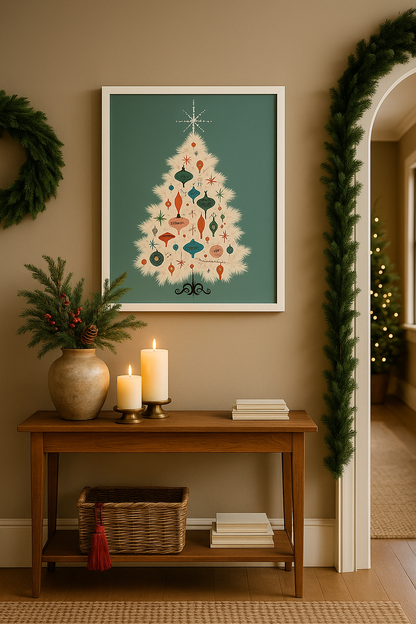Mid-Century Christmas Tree Framed Wall Art – Retro Holiday Print (Ready to Hang · 8x10 · 16x20 · 24x36)
