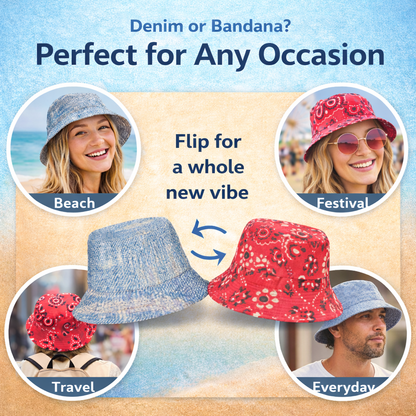 Reversible Denim Red Bandana Bucket Hat