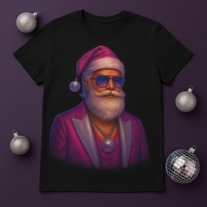 Retro Disco Santa T-Shirt – Pink Chrome Christmas Tee