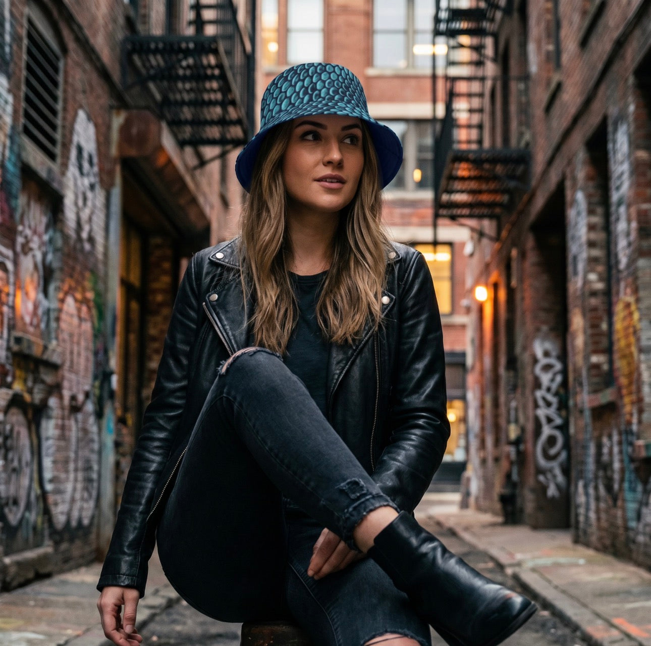 Reversible Teal Snakeskin Bucket Hat
