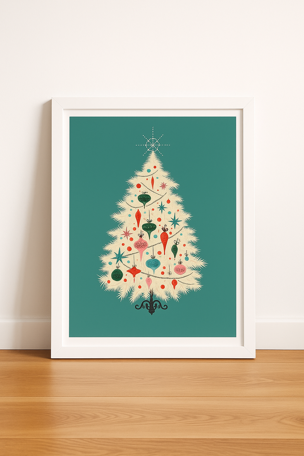 Mid-Century Christmas Tree Framed Wall Art – Retro Holiday Print (Ready to Hang · 8x10 · 16x20 · 24x36)