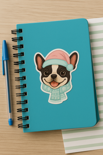 Winter Frenchie Christmas Sticker – Cute Dog Kiss-Cut Vinyl Decal (3”, 4”, 5.5”)