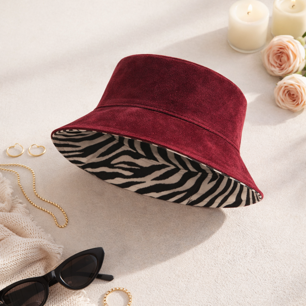Reversible Zebra Print Burgundy Bucket Hat