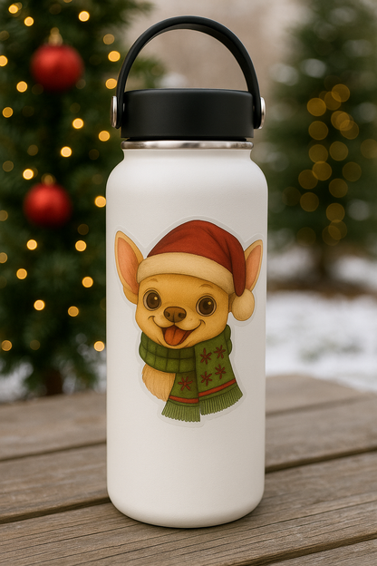 Christmas Chihuahua Sticker – Cute Dog Kiss-Cut Vinyl Decal (3”, 4”, 5.5”)