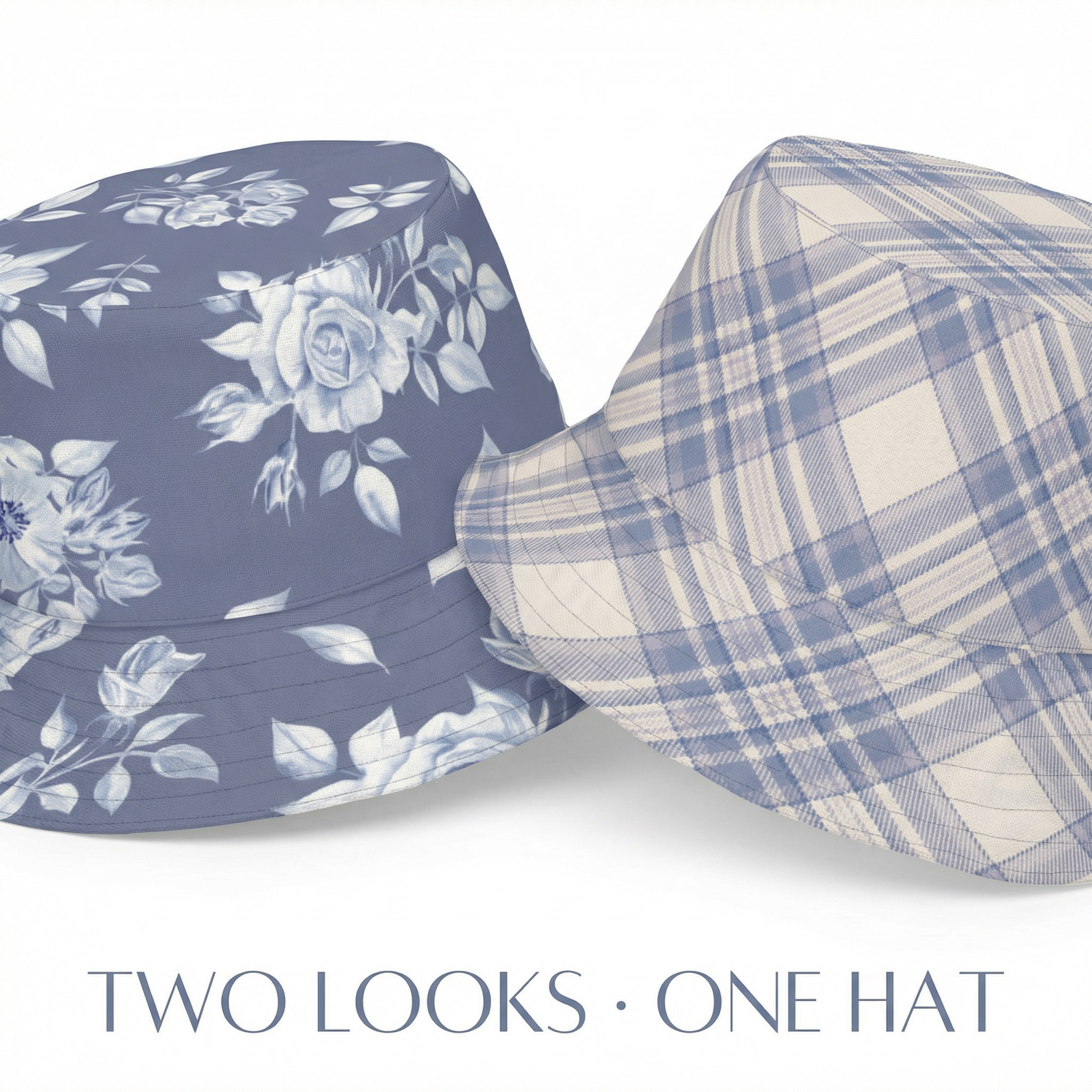 Reversible Blue Floral Plaid Bucket Hat