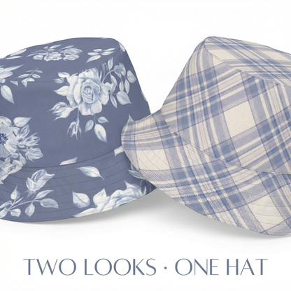 Reversible Blue Floral Plaid Bucket Hat