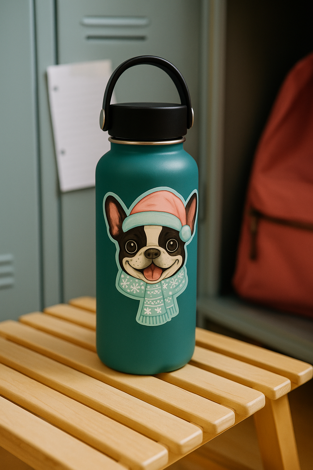 Winter Frenchie Christmas Sticker – Cute Dog Kiss-Cut Vinyl Decal (3”, 4”, 5.5”)