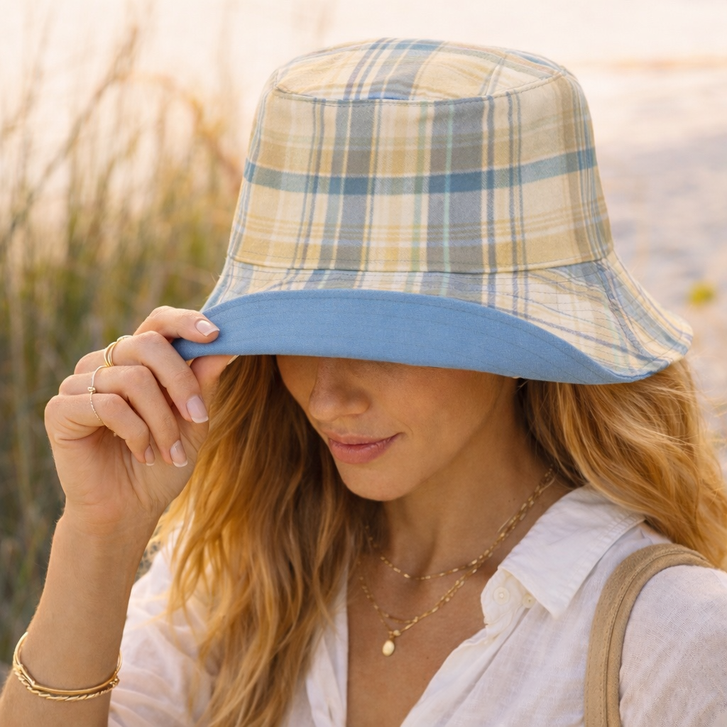 Reversible Blue Plaid Bucket Hat