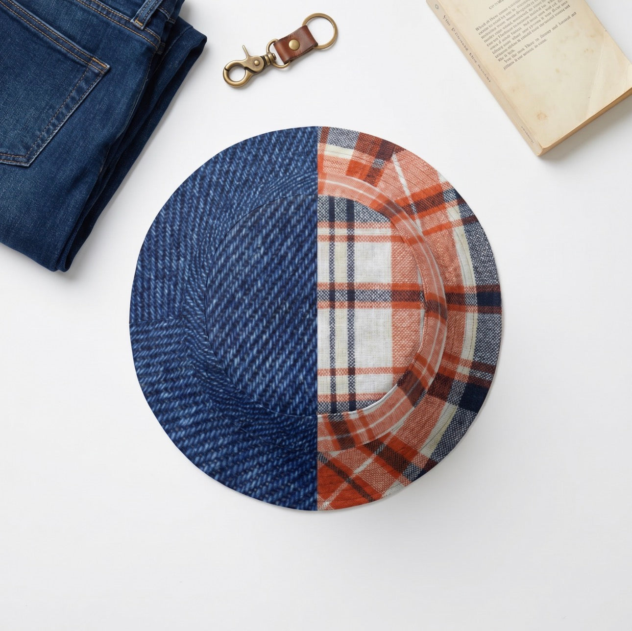 Reversible Denim Orange Plaid Bucket Hat