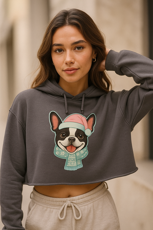 French Bulldog Christmas Cropped Hoodie | Cute Pastel Holiday Dog Hoodie | Cozy Winter Cropped Sweater for Dog Moms & Frenchie Lovers
