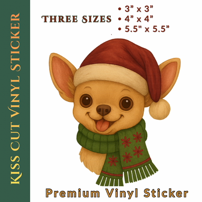 Christmas Chihuahua Sticker – Cute Dog Kiss-Cut Vinyl Decal (3”, 4”, 5.5”)